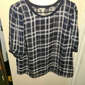 Sheer navy and white checkered blouse